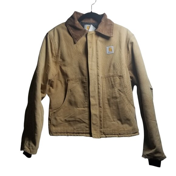 Vtg Carhartt Corduroy Collar Sandstone Duck Quilt Lined Barn Chore Jacket Sz L - Picture 1 of 15